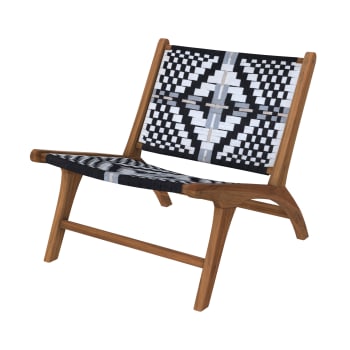 Callie - Schwarz-weißer Sessel aus Teakholz und geflochtener Wolle