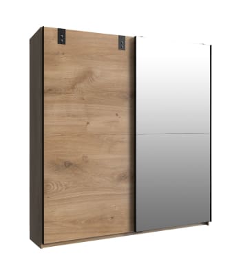 Schrank mit 2 Schiebetüren, 1 Spiegeltür und 1 Eichentür - L180 cm