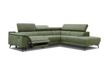 Fiero - Canapé d'angle droit, 5 places avec une relax électrique, Tissu Vert