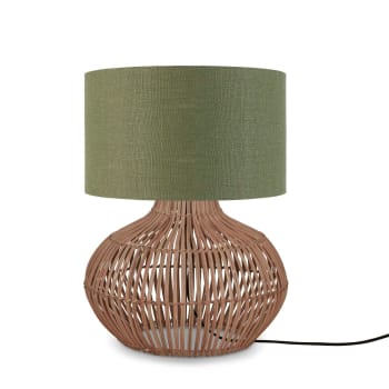 Kalahari - Lampe de table rotin abat-jour lin naturel/vert for√™t, h. 48cm