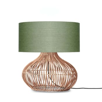 Kalahari - Lampe de table rotin abat-jour lin naturel/vert for√™t, h. 60cm