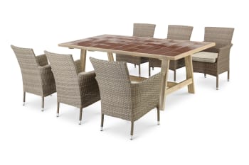 Bisbal & bolonia - Table en céramique terre cuite 205x105 et 6 chaises empilables rotin