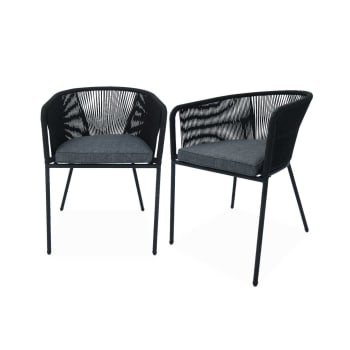 Santos - 2 fauteuils de jardin, corde noire, coussin gris