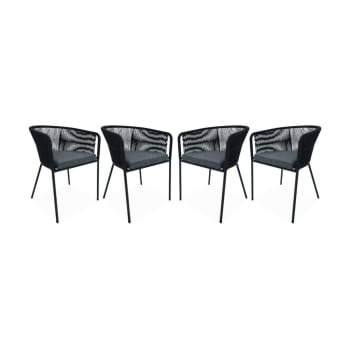 Santos - 4 fauteuils de jardin, corde noire, coussin gris