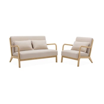 Lorens - Banquette 2 places + fauteuil bois, tissu beige