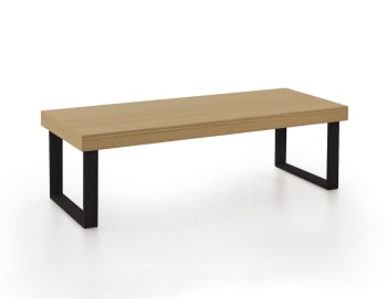 Mesa de centro de madera maciza acabado roble oscuro con patas de hierro  negras de 40x100cm