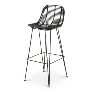 Fresh - Chaise plan de travail rotin noir piètement métal noir h 65 cm
