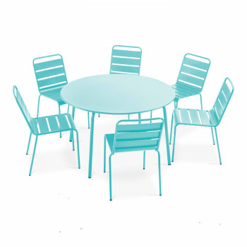 Palavas - Ensemble table de jardin ronde et 6 chaises en métal turquoise