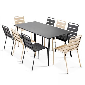 Palavas - Ensemble table de jardin et 8 chaises en métal gris et ivoire