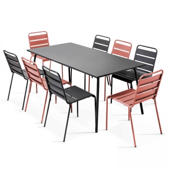 Palavas - Ensemble table de jardin et 8 chaises en métal gris et argile