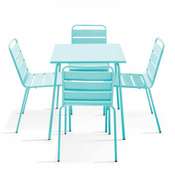 Palavas - Ensemble table de jardin et 4 chaises en métal turquoise