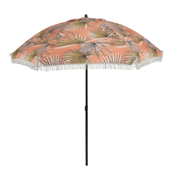 Sonnenschirm aus orangefarbenem Stoff mit Palmenblättern D220