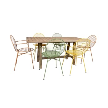 Saomad - Ensemble de jardin table en bois et chaises en métal coloré 6 places