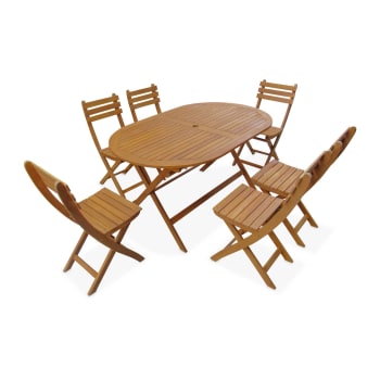 Macapa - Tavolo da giardino ovale pieghevole in legno, 6 sedie legno