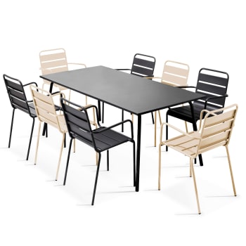 Palavas - Ensemble table de jardin et 8 fauteuils en métal ivoire et gris
