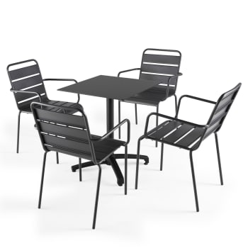 Opéra - Ensemble table de jardin stratifié noir et 4 fauteuils gris