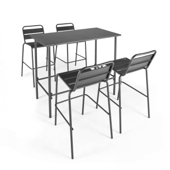 Palavas - Conjunto mesa alta y 4 taburetes de bar en metal gris