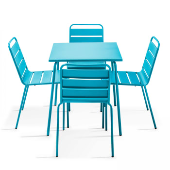 Palavas - Ensemble table de jardin et 4 chaises en métal bleu