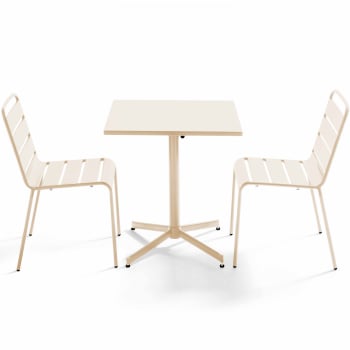 Palavas - Ensemble table de jardin carrée et 2 chaises métal ivoire