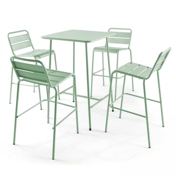 Palavas - Ensemble table de bar et 4 chaises hautes en métal vert sauge
