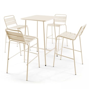 Palavas - Ensemble table de bar et 4 chaises hautes en métal ivoire