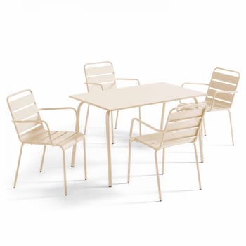 Palavas - Ensemble table de jardin et 4 fauteuils en métal ivoire