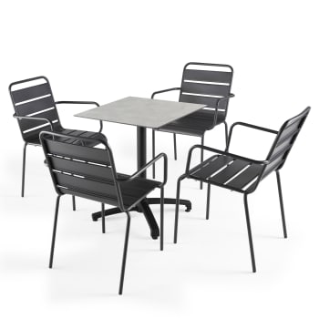 Opéra - Ensemble table jardin stratifié béton gris clair et 4 fauteuils gris