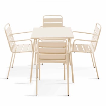 Palavas - Ensemble table de jardin carrée et 4 fauteuils acier ivoire