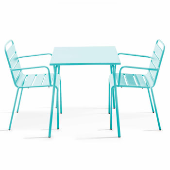 Palavas - Ensemble table de jardin carrée et 2 fauteuils acier turquoise