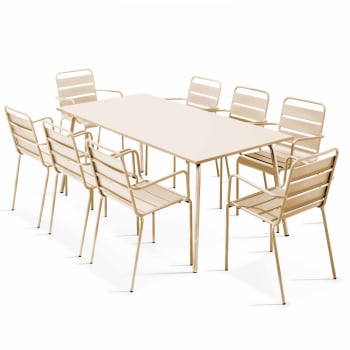 Palavas - Ensemble table de jardin et 8 fauteuils en métal ivoire