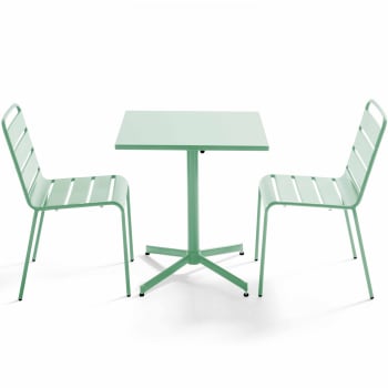 Palavas - Ensemble table de jardin carrée et 2 chaises métal vert sauge