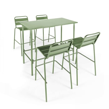 Palavas - Ensemble table haute et 4 chaises de bar en métal vert cactus
