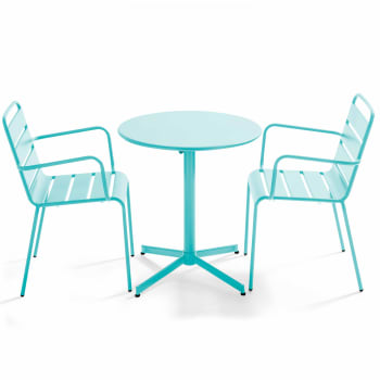 Palavas - Ensemble table de jardin et 2 fauteuils métal turquoise