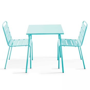 Palavas - Ensemble table de jardin carrée et 2 chaises acier turquoise