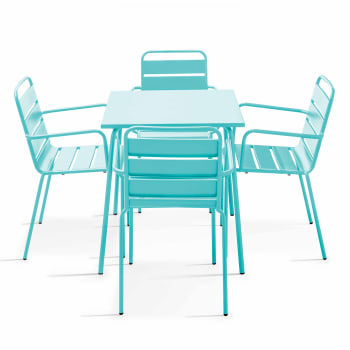 Palavas - Ensemble table de jardin carrée et 4 fauteuils acier turquoise