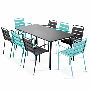 Palavas - Ensemble table de jardin et 8 fauteuils en métal turquoise et gris