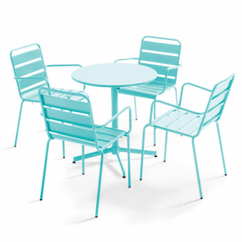 Palavas - Ensemble table de jardin et 4 fauteuils métal turquoise