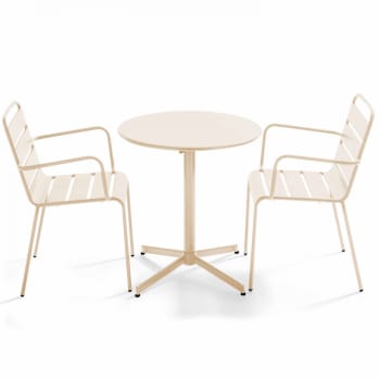 Palavas - Ensemble table de jardin et 2 fauteuils métal ivoire