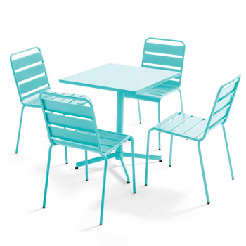 Palavas - Ensemble table carré et 4 chaises en métal turquoise