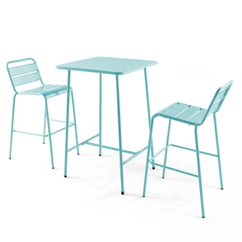 Palavas - Ensemble table de bar et 2 chaises hautes en métal turquoise