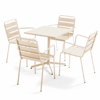 Palavas - Ensemble table de jardin et 4 fauteuils en métal ivoire