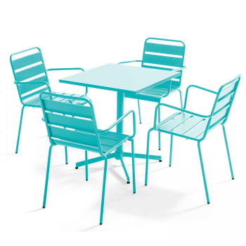 Palavas - Ensemble table de jardin et 4 fauteuils en métal turquoise