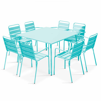 Palavas - Ensemble table de jardin carrée et 8 fauteuils en métal turquoise