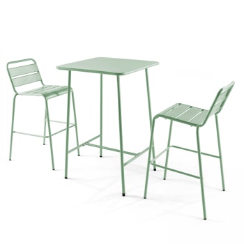 Palavas - Ensemble table de bar et 2 chaises hautes en métal vert sauge