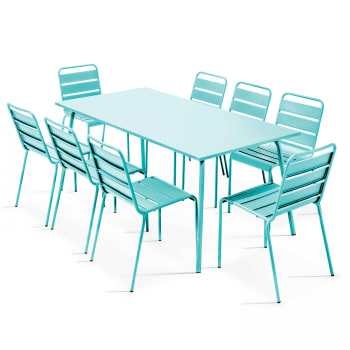 Palavas - Ensemble table de jardin et 8 chaises en métal turquoise
