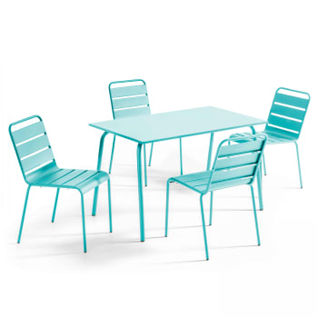 Palavas - Ensemble table de jardin en métal et 4 chaises turquoise