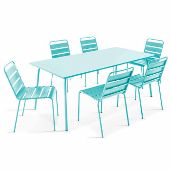 Palavas - Ensemble table de jardin et 6 chaises en métal turquoise