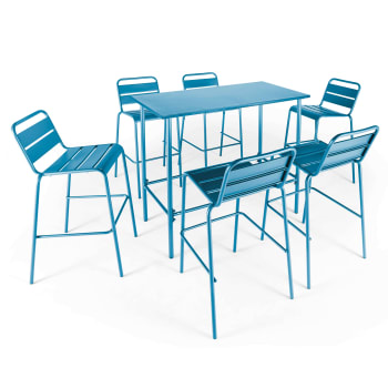 Palavas - Ensemble table haute de jardin et 6 chaises en métal bleu pacific
