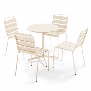 Palavas - Ensemble table  de jardin ronde et 4 chaises en métal ivoire