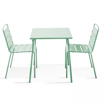 Palavas - Conjunto mesa de jardín cuadrada y 2 sillas acero verde salvia